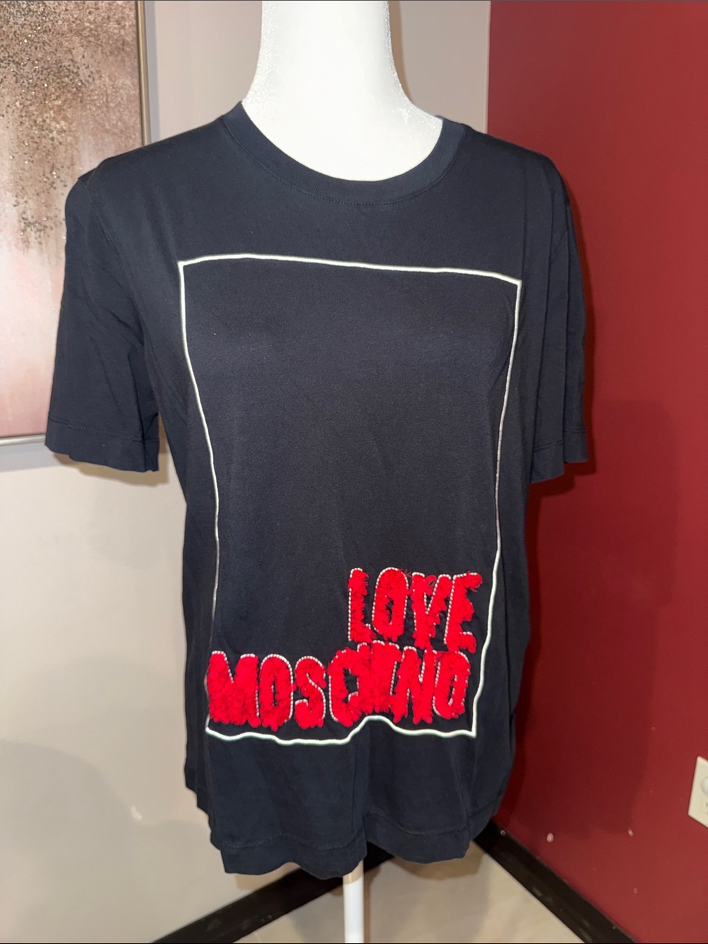 Love Moschino Black Short Sleeve Tee with Red Logo Patch